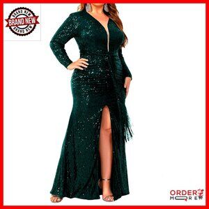 Long Sleeve Sequin Formal Dress Plus Size Maxi Evening Gown Side Split